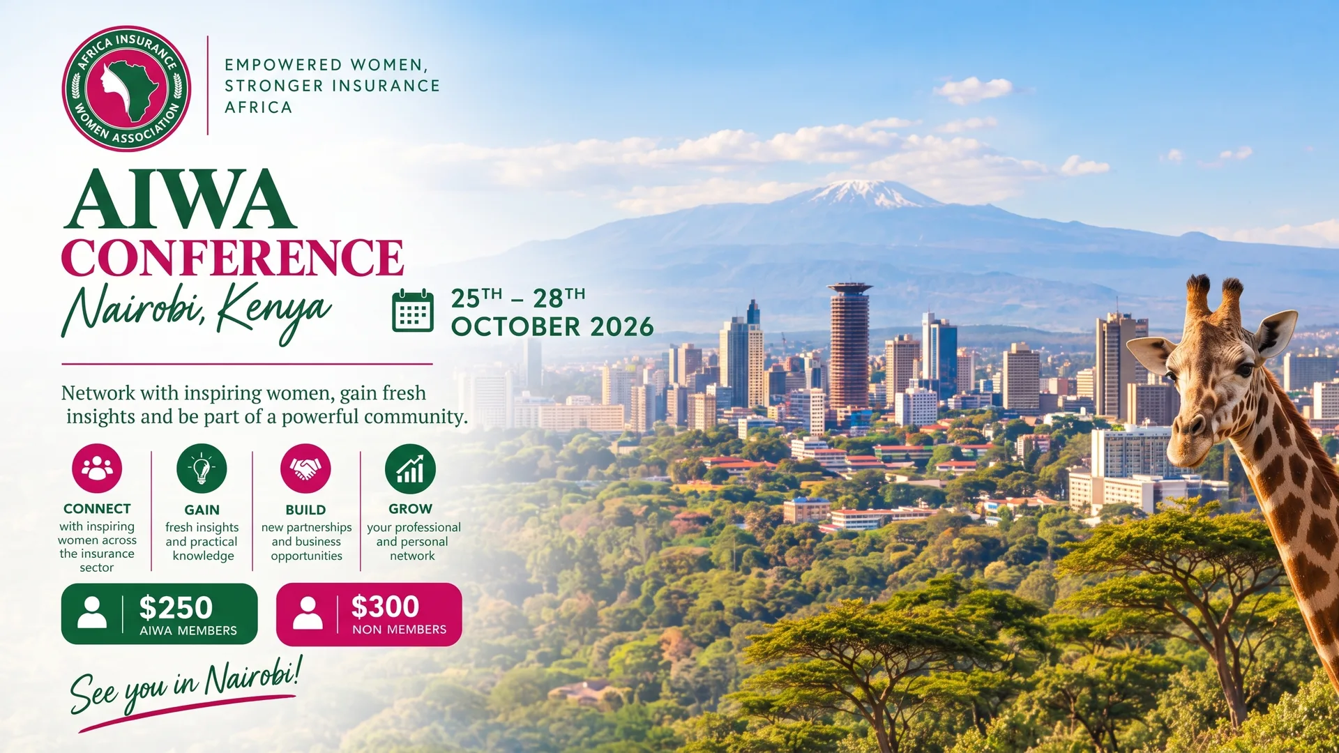 AIWA conference poster: the association emblem and the words AIWA Conference, Nairobi Kenya, 25 to 28 October 2026, set against an illustrated East African city skyline with a giraffe.